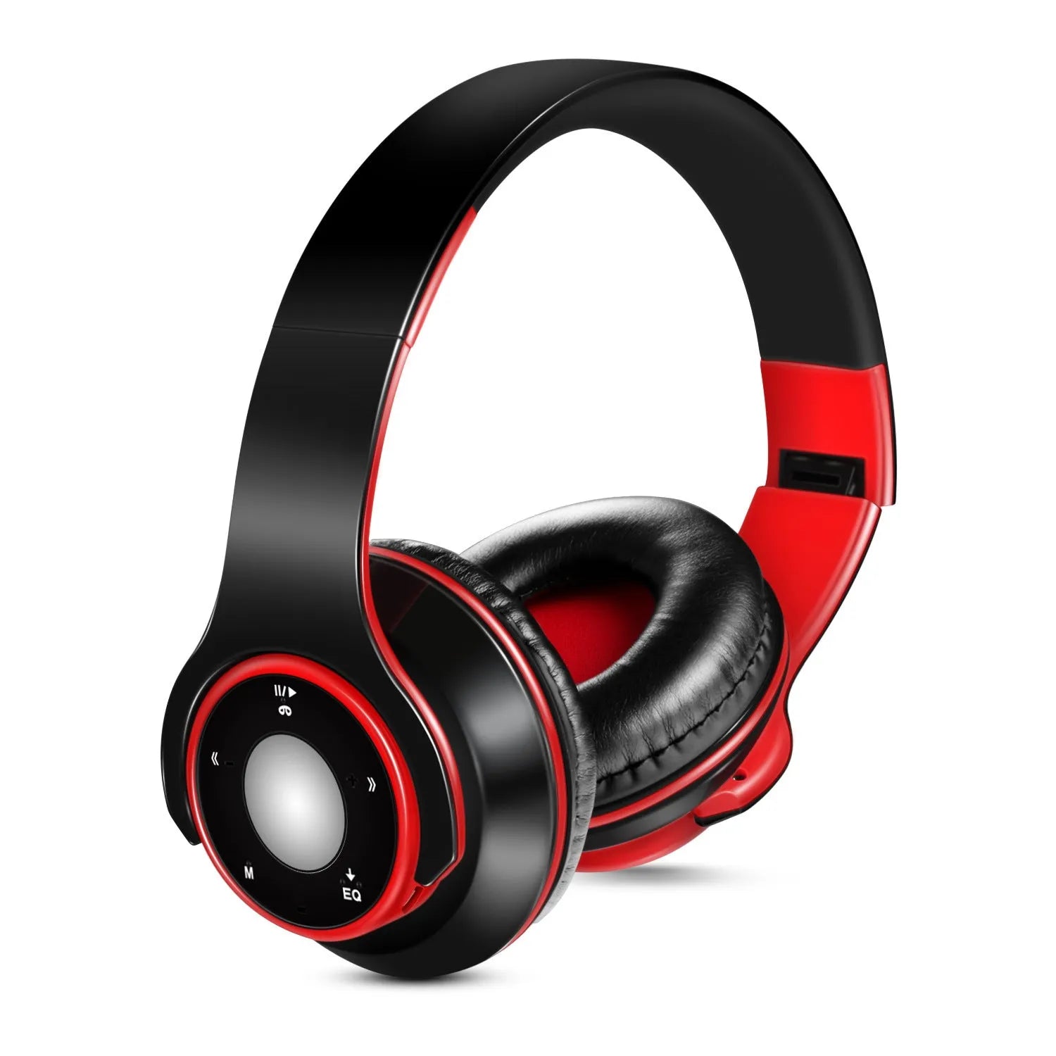 Blue foldable Bluetooth headset with adjustable hinges showing 3.5mm jack and USB port