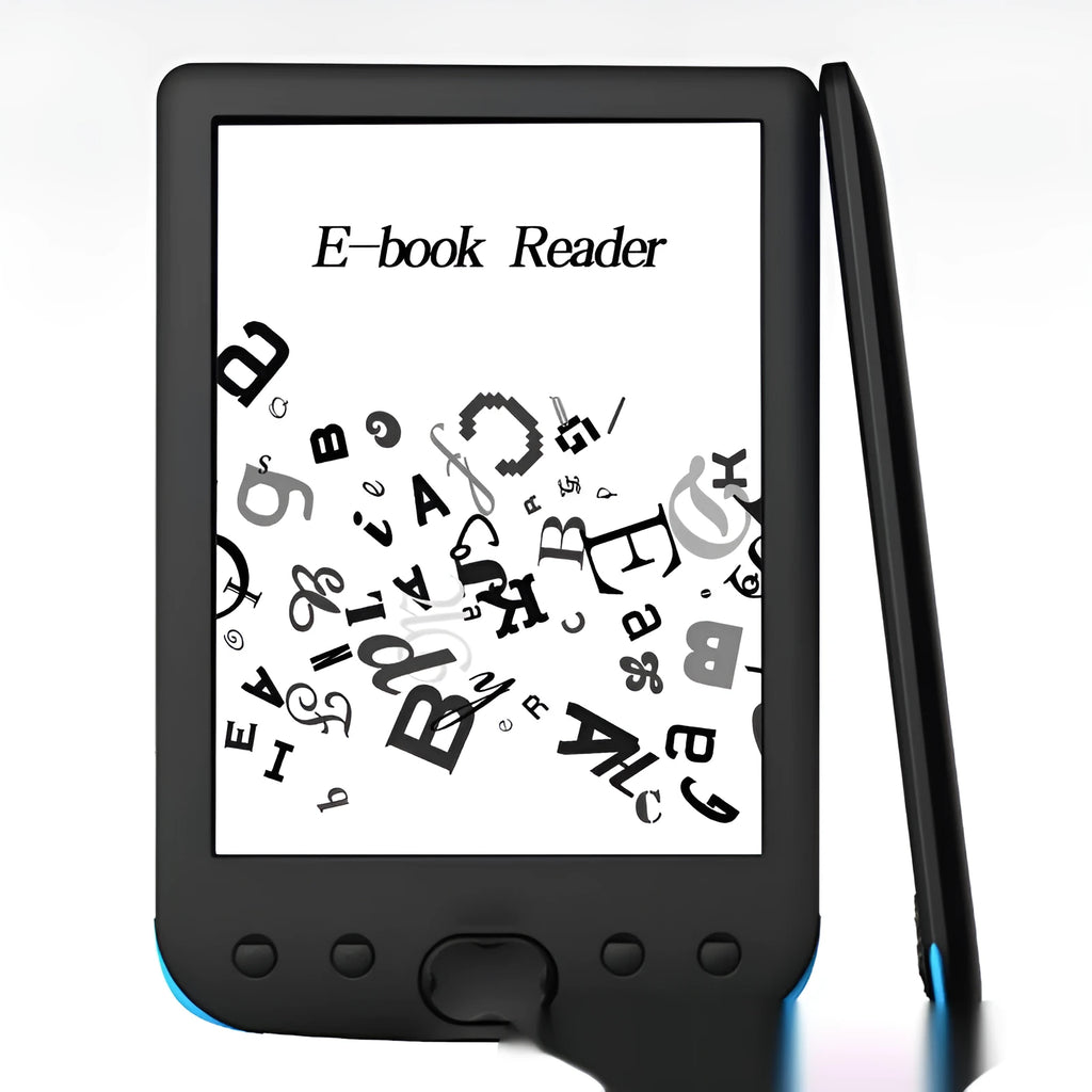 Black 6-inch e-ink e-book reader showing its screen and compact design.