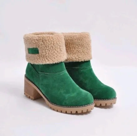 Women's suede mid-tube snow boots in black with a thick low heel and beef tendon sole.
