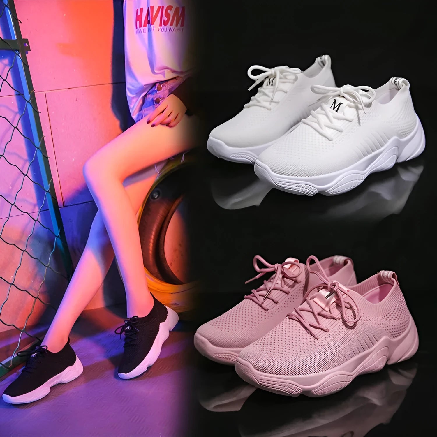 Women's white thick-soled casual trainers with woven upper and front strap design