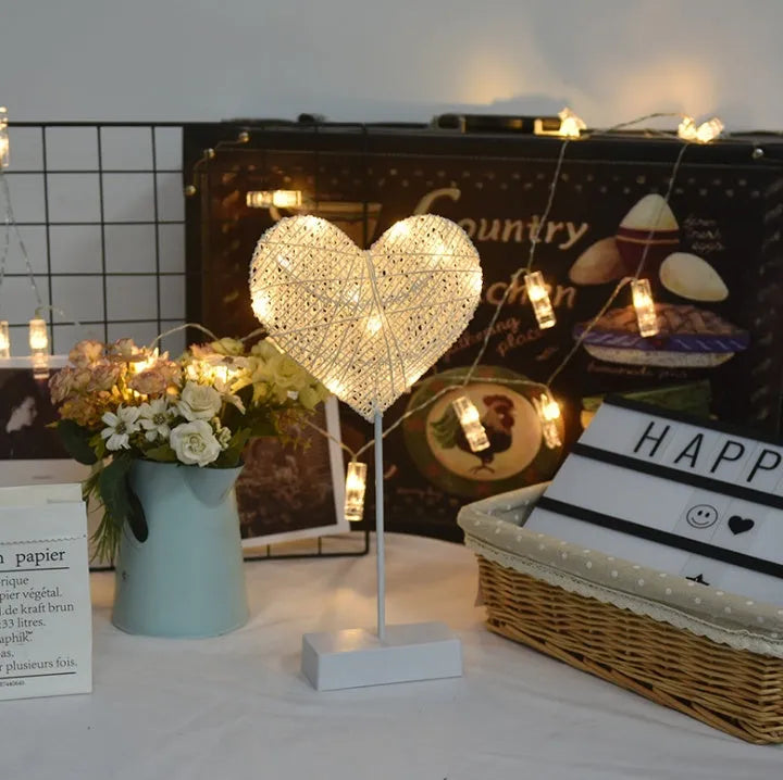 Rattan LED table lamp in heart, star or moon shape with copper wire frame