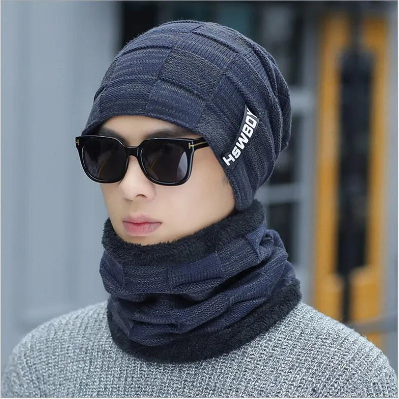Cotton knitted men hats set with curling detail and letter pattern in black, grey, khaki, navy, and red
