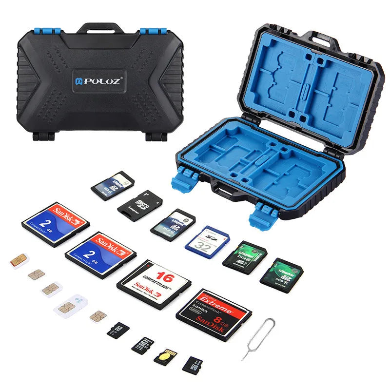 Black waterproof memory card case with ABS polycarbonate body and blue TPV seal, holding multiple cards