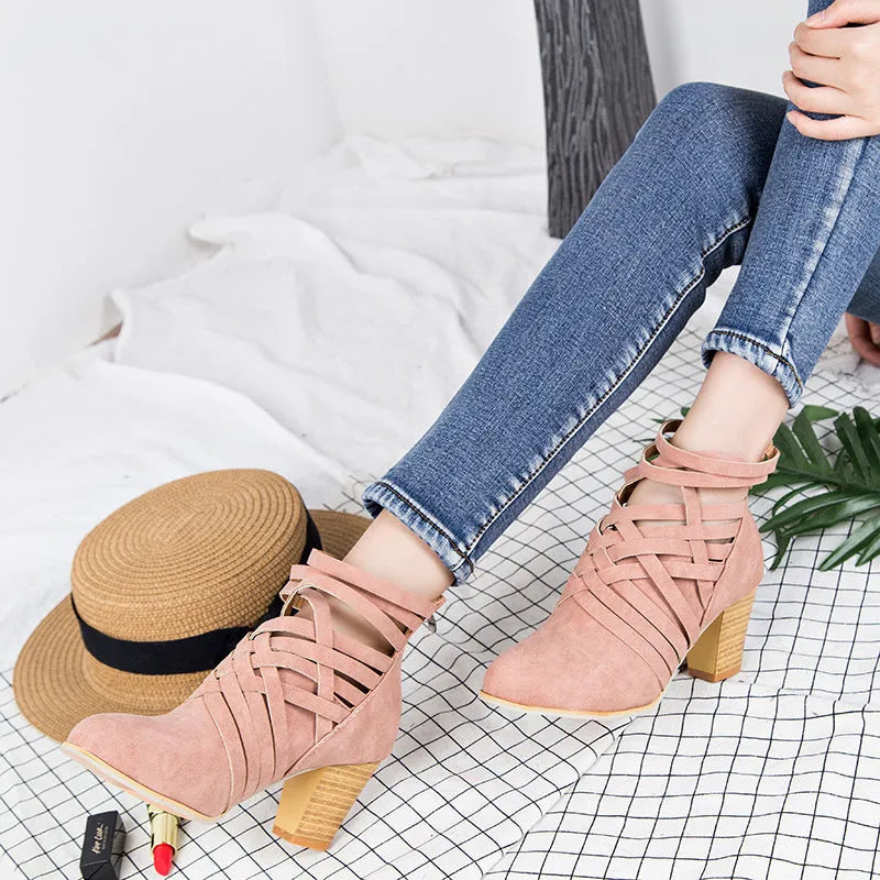 Women's pointed thick heel hollow short boots in camel suede with back zipper and round toe
