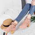 Women's pointed thick heel hollow short boots in camel suede with back zipper and round toe