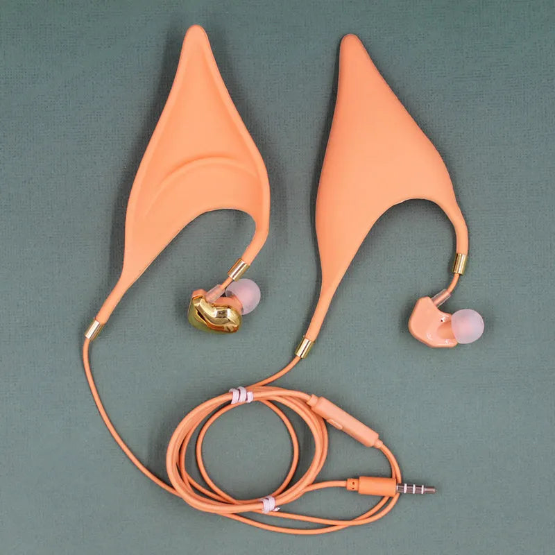 Cartoon elf ear headphones with 3.5mm plug and microphone in black, white, and yellow colour options