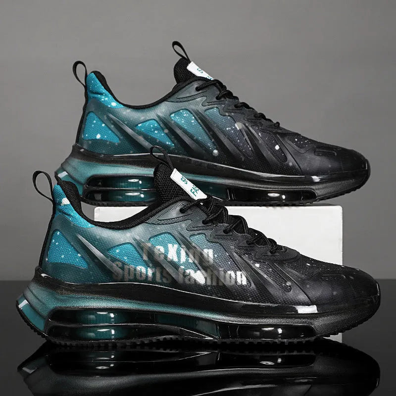 Men's platform casual running shoes in black-green colour with mesh upper and rubber sole