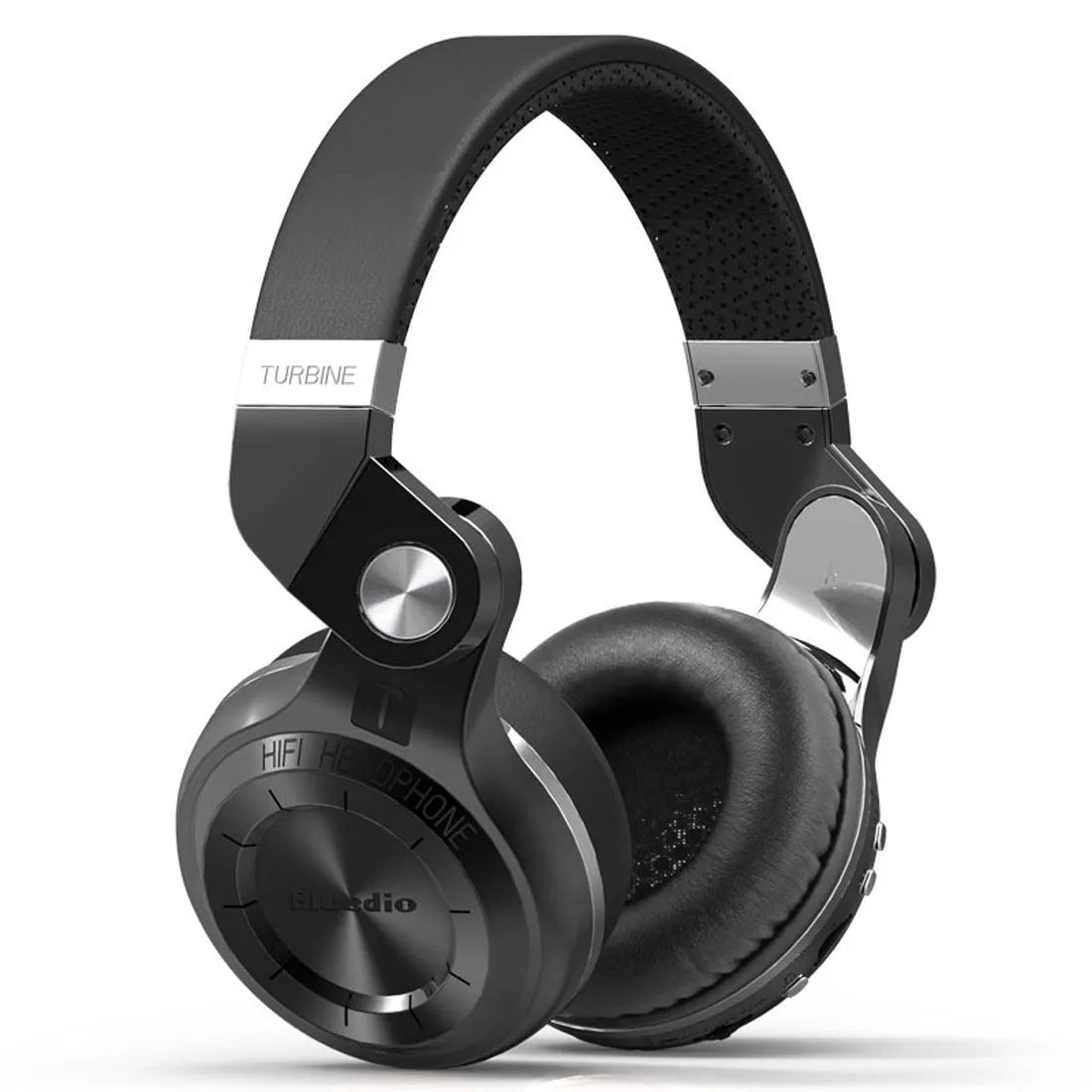 Black Bluetooth headset with in-line controls and a subwoofer, shown in a head-mounted position.