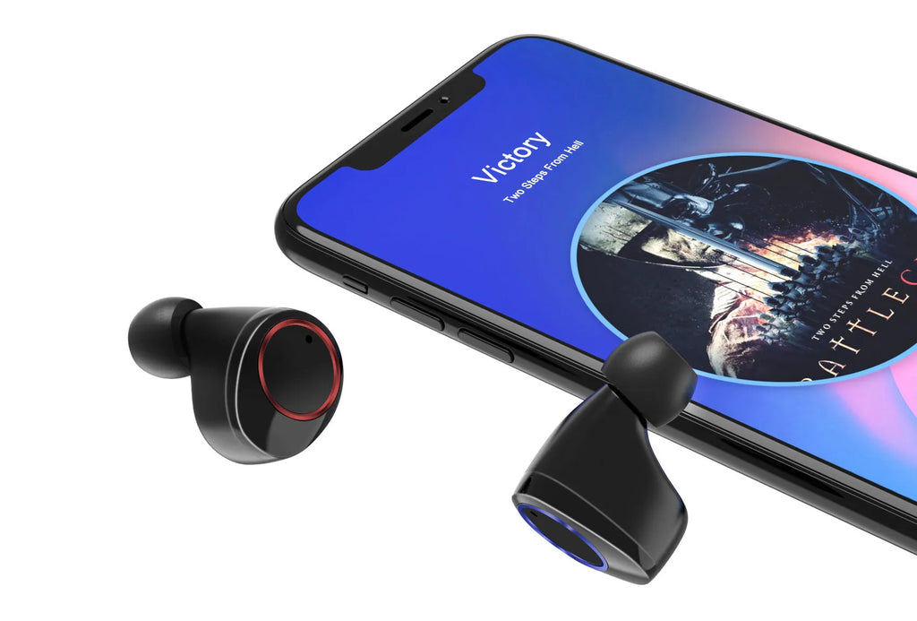Black X11 Bluetooth wireless earbuds with charging case and six silicone ear tips