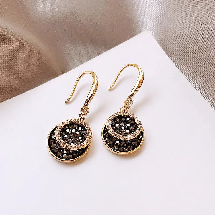 Black geometric retro Hong Kong style earrings with 3.6cm drop length and round alloy design