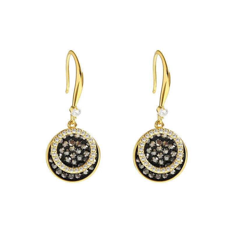 Black geometric retro Hong Kong style earrings with 3.6cm drop length and round alloy design