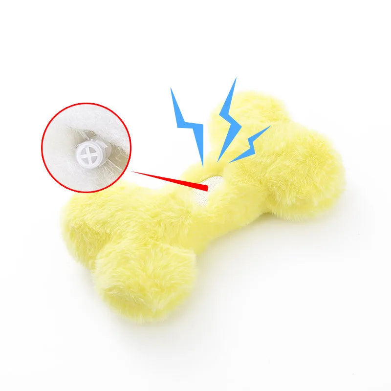 Blue Love Bone plush dog toy with squeaker for interactive chewing play