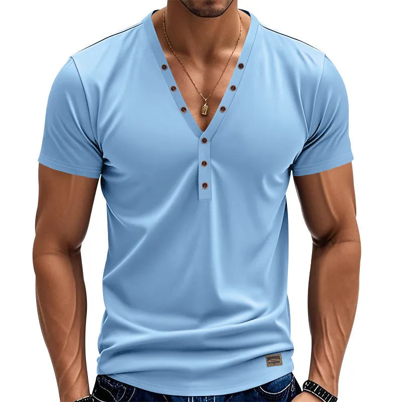 Men's loose V-neck pullover top with button details in light blue colour