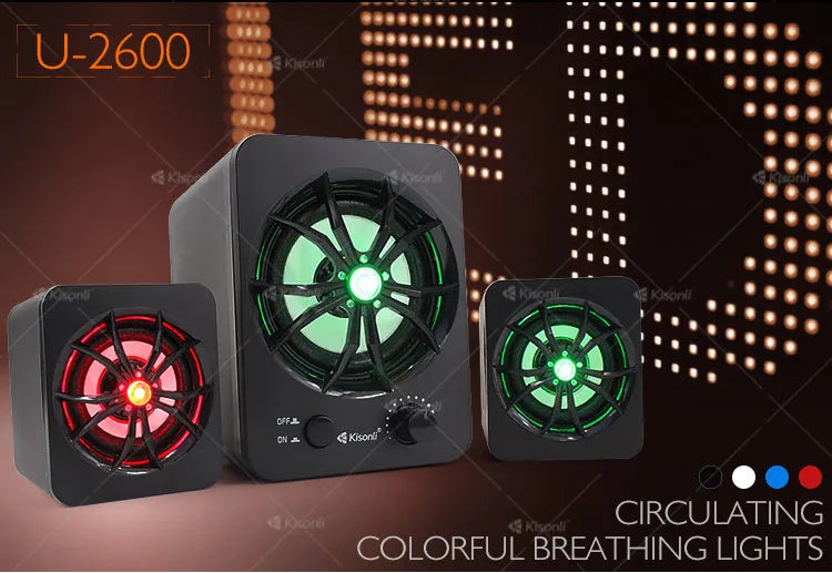 Green 2.1 USB computer speaker with colourful glowing lights and a 150cm connection cable.