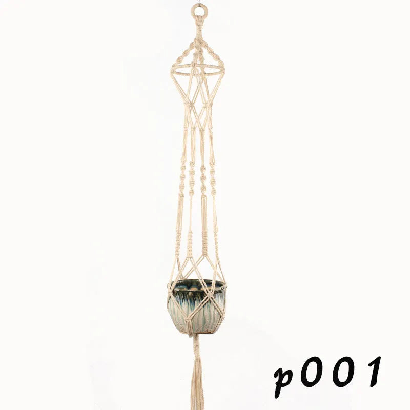 Woven cotton rope plant pot holder for wall mounting or desktop plant display.