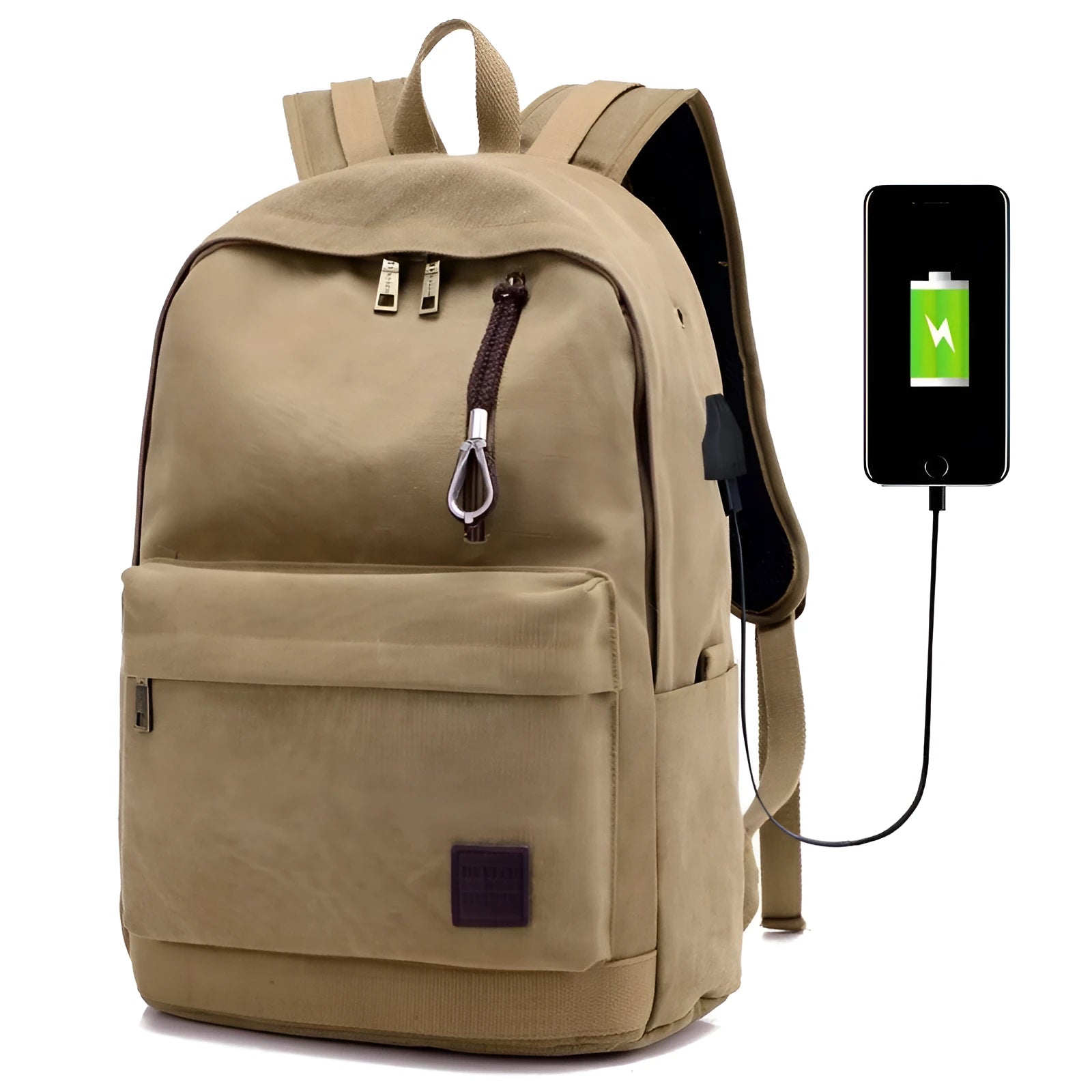 Canvas shoulder backpack with USB charging port in coffee colour showing computer pocket and main compartment