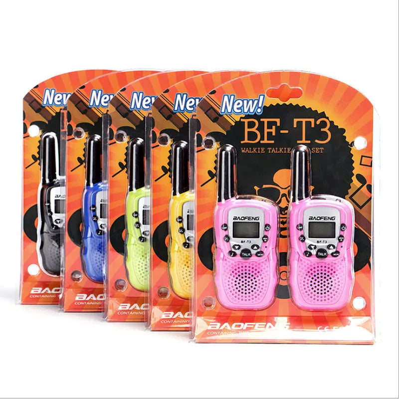Children's walkie talkie set showing two handheld units in available colour options with 22-channel display