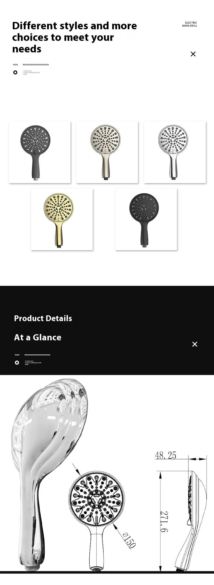 Portable 6-inch handheld shower head with electroplated finish and six-function selector