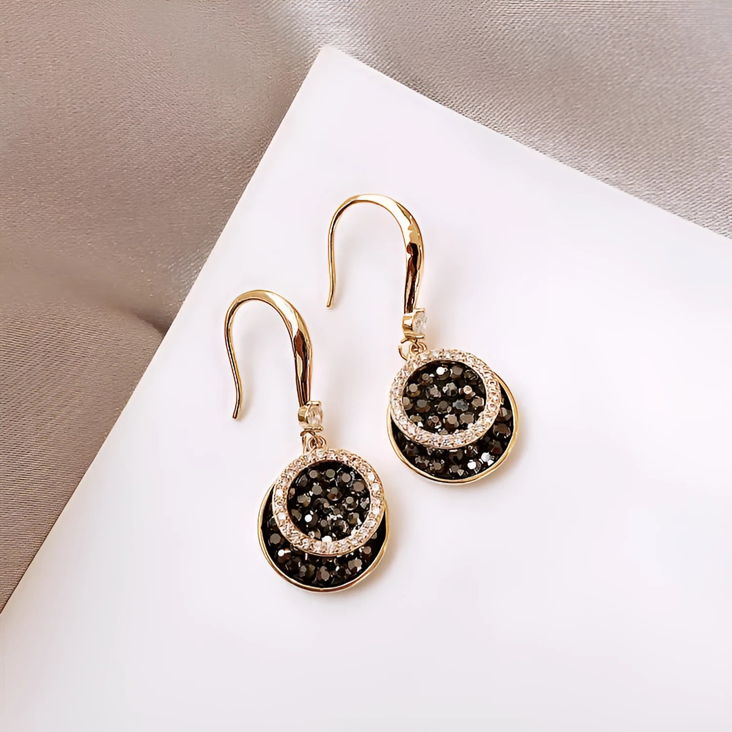 Black geometric retro Hong Kong style earrings with 3.6cm drop length and round alloy design