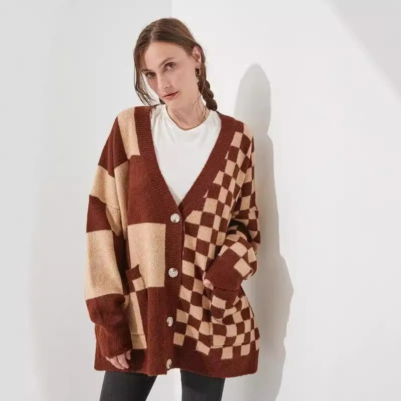 Printed checks knitwear cardigan in loose slim fit showing six colour options