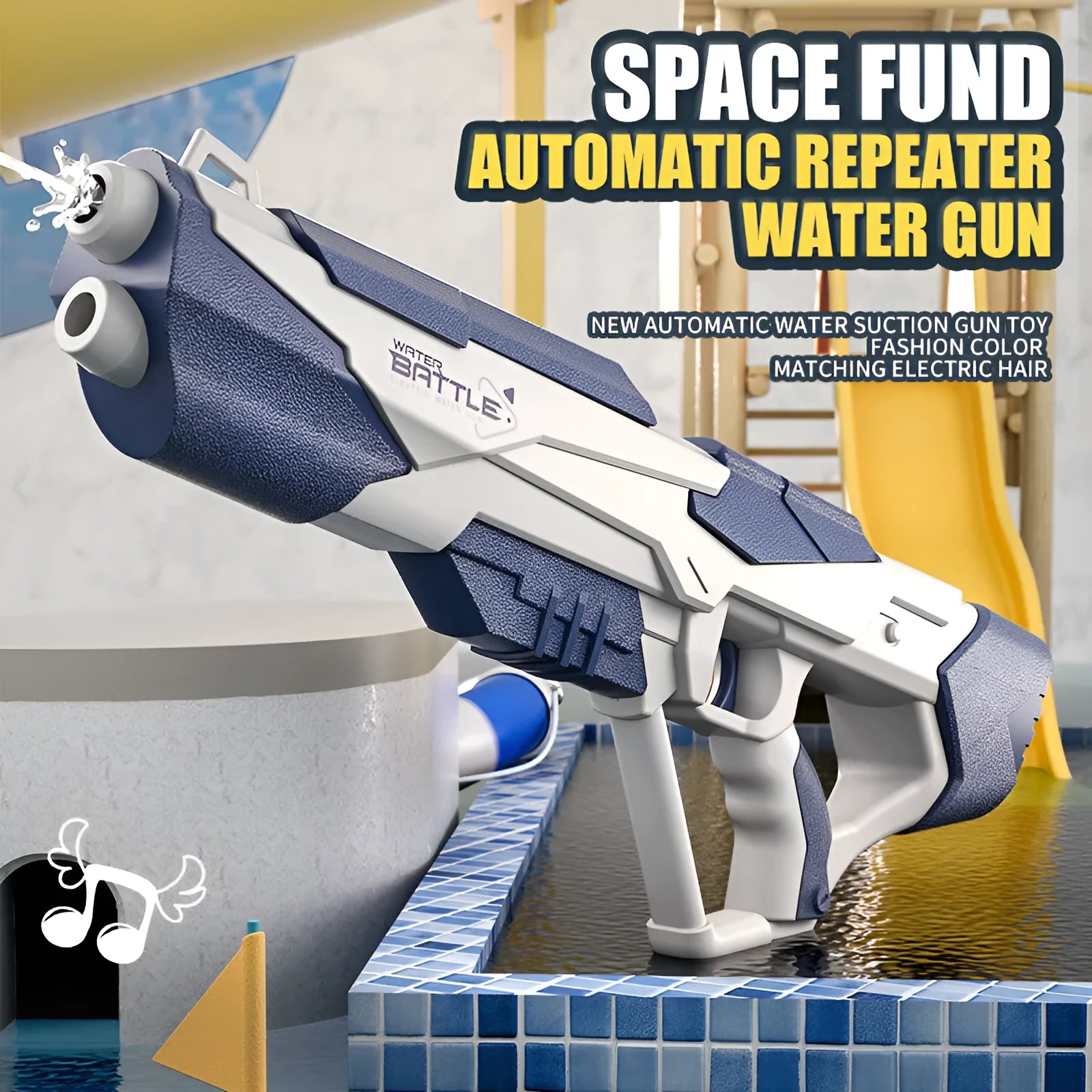 Blue electric space water gun with USB charging cable and large water tank on outdoor patio