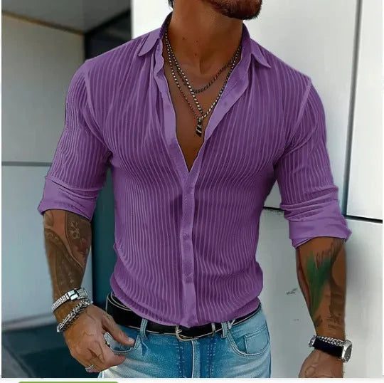British style loose fit men's cardigan with long sleeves and a striped 3D pattern.