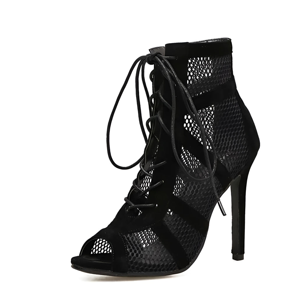 Black suede women's lace-up high heel shoes with ankle strap and 11.5cm heel