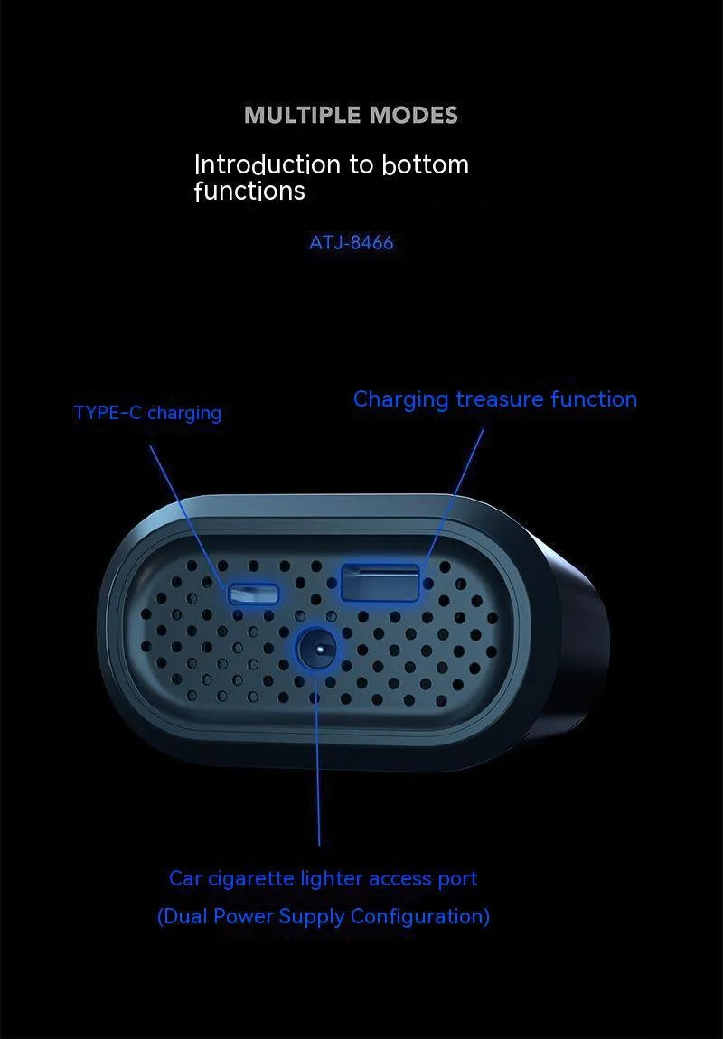 Handheld wireless digital display air pump with LED light shown inflating a car tyre
