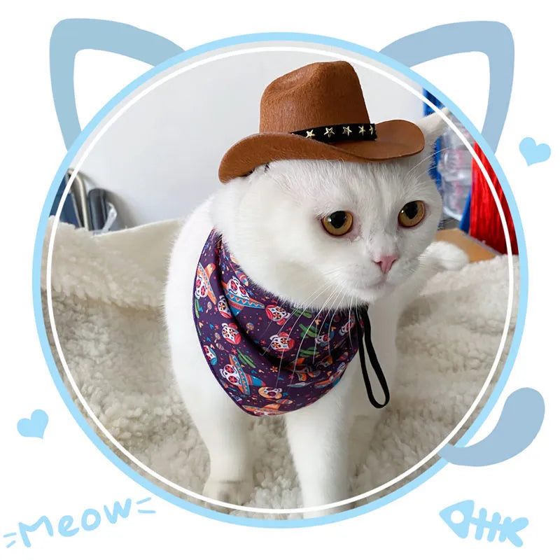 British-style brown cowboy hat for a cat with a black ribbon trim on a white background.