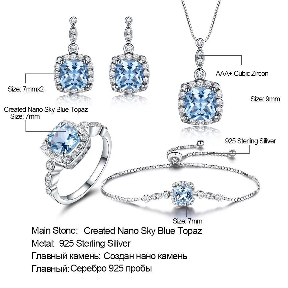 925 sterling silver jewellery set with sky blue topaz stones, including necklace, bracelet and earrings