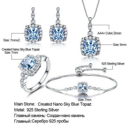 925 sterling silver jewellery set with sky blue topaz stones, including necklace, bracelet and earrings