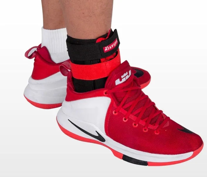 Kuangmi adjustable ankle brace in black red for sport foot stabilizer with straps