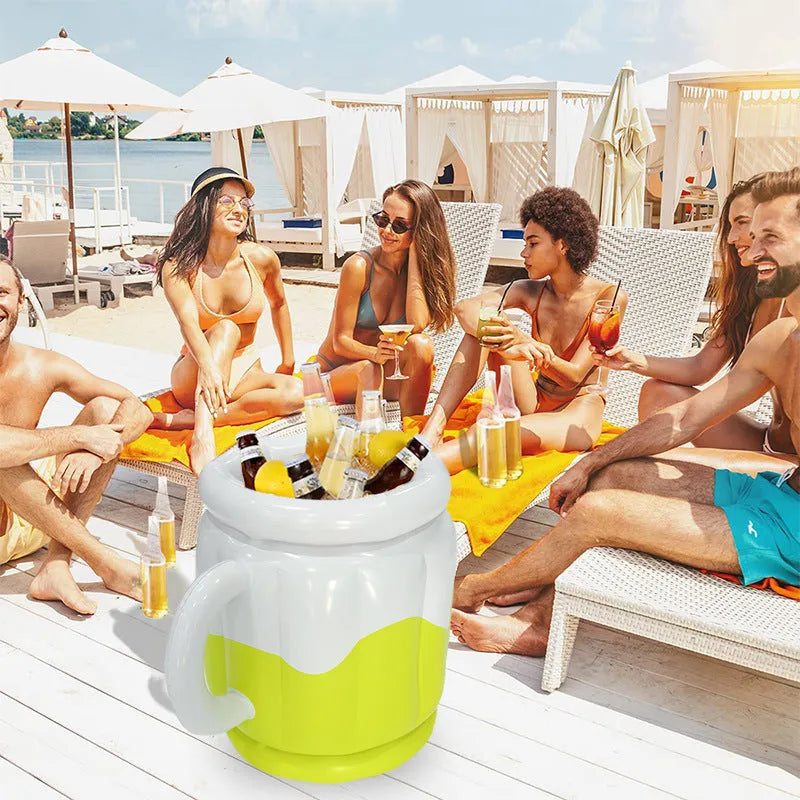Yellow inflatable ice bucket with beer steins design for outdoor parties and camping