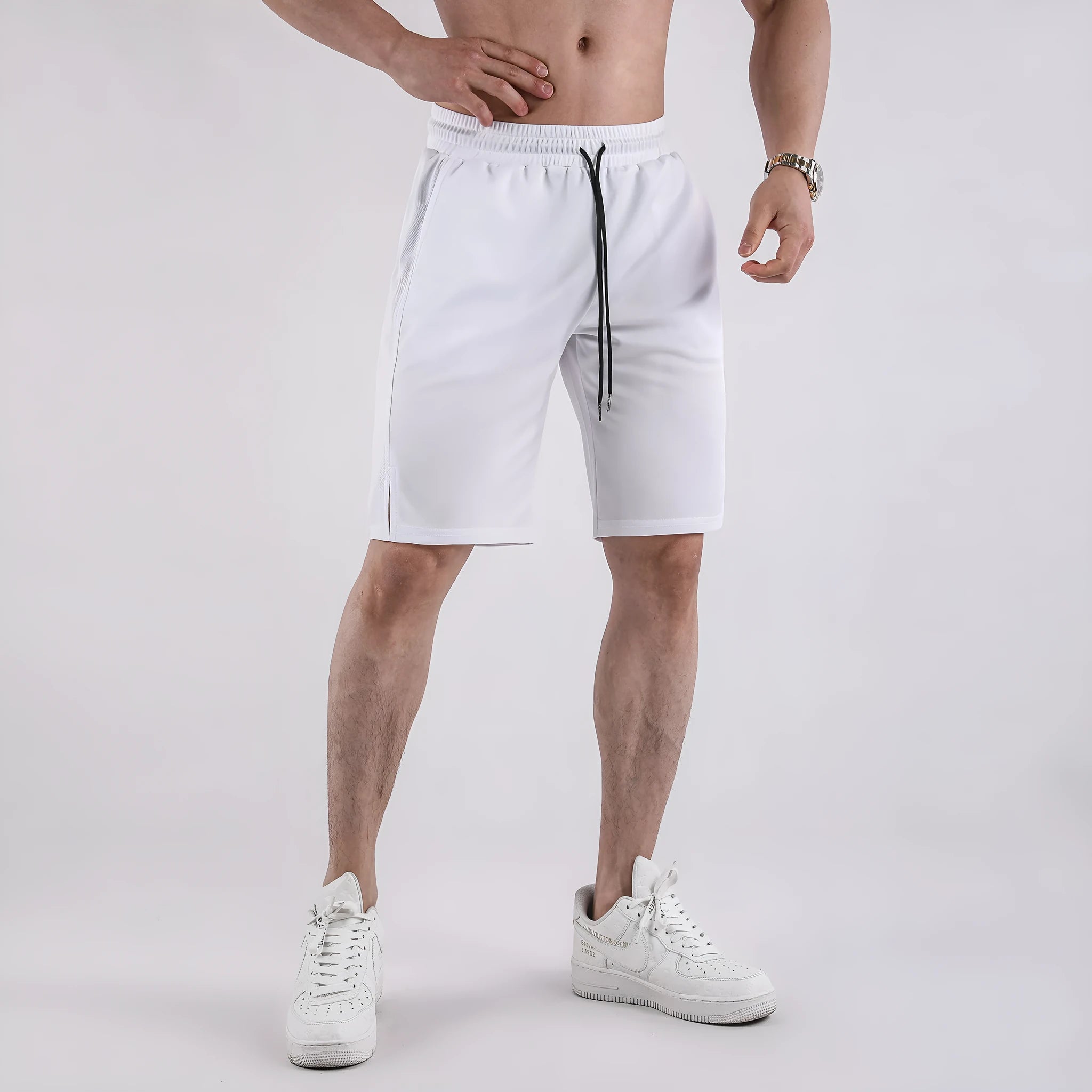 Men's black quick-drying mesh fitness shorts with elastic waistband