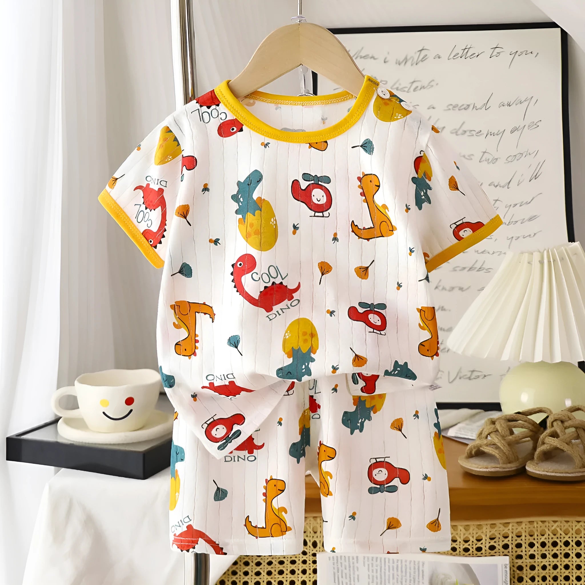 Children's cotton short-sleeved shorts suit in airplane dinosaur print, suitable heights 73-130cm