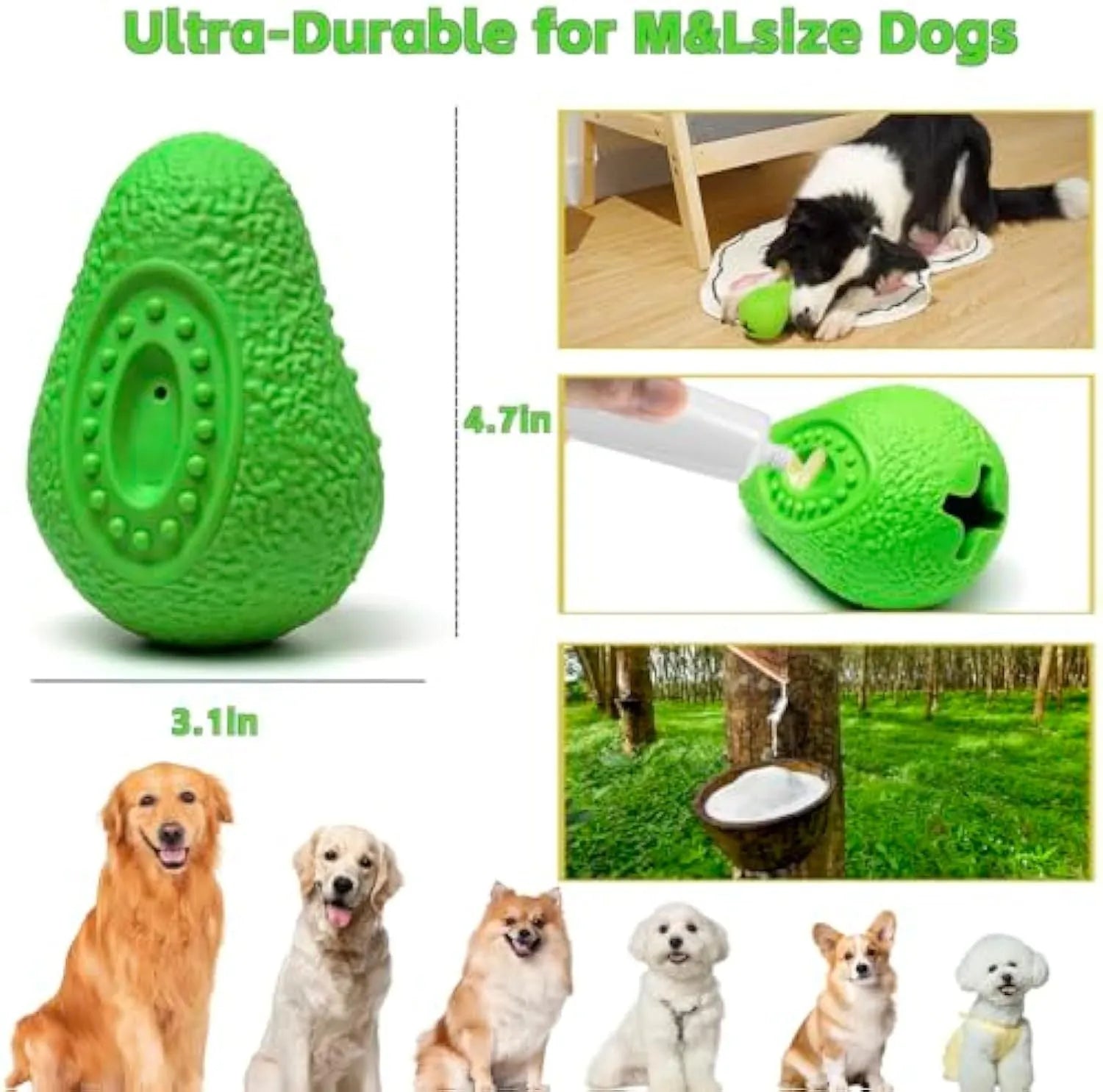 Green avocado-shaped natural rubber dog chew toy for aggressive chewers with textured surface