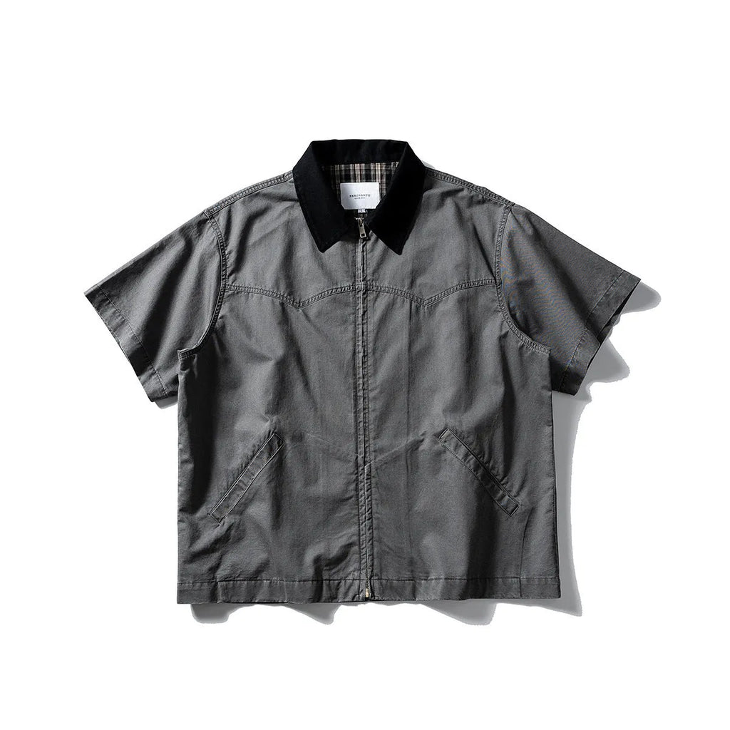 Mens loose fit cotton cardigan with short sleeves in grey or khaki colours, washed overalls style