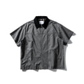 Mens loose fit cotton cardigan with short sleeves in grey or khaki colours, washed overalls style