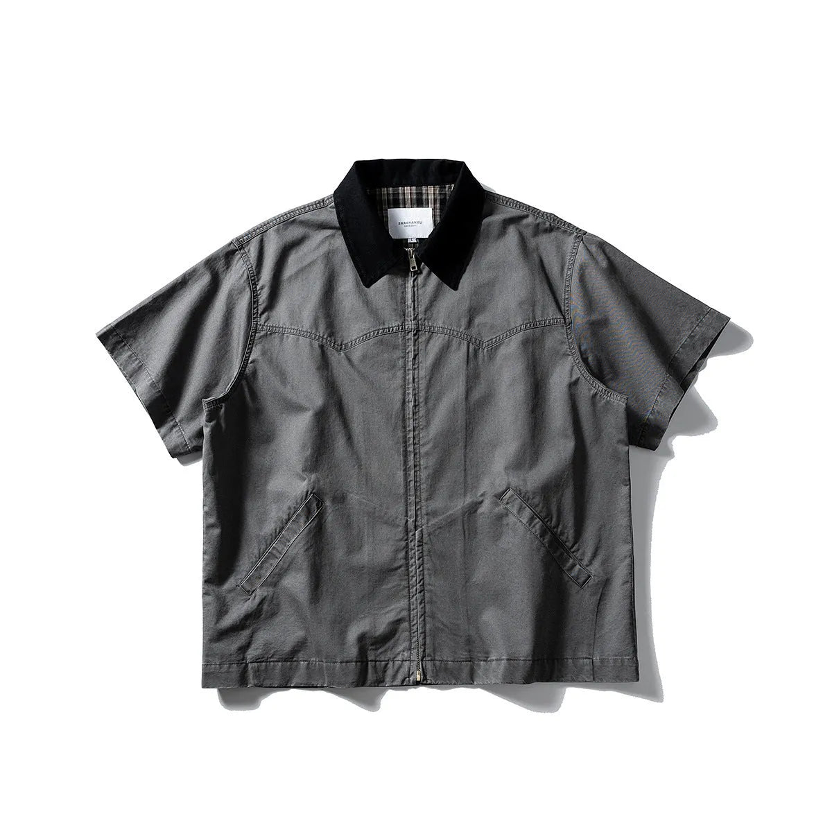 Mens loose fit cotton cardigan with short sleeves in grey or khaki colours, washed overalls style