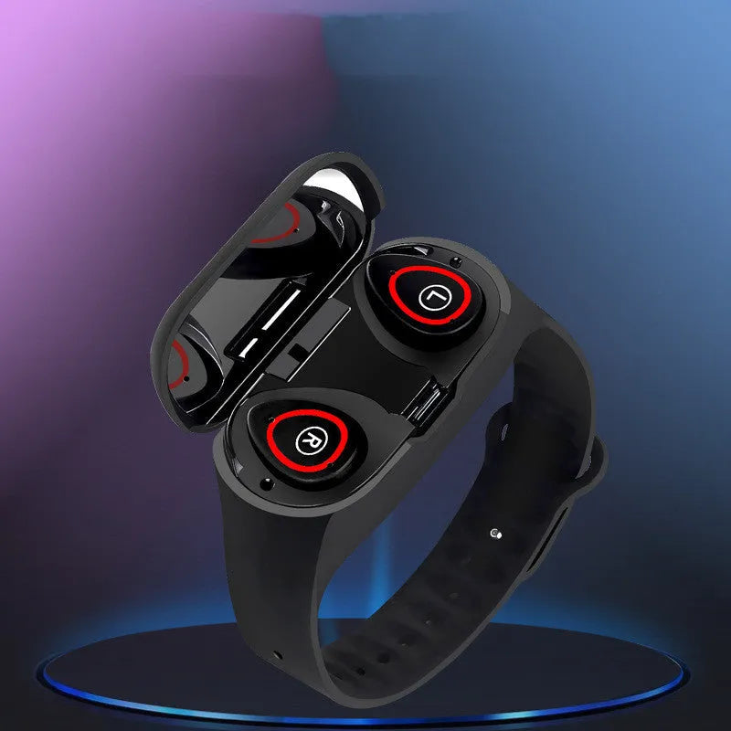 Smart bracelet earphone combo with 1-inch touchscreen in black, blue, or red silicone wristband