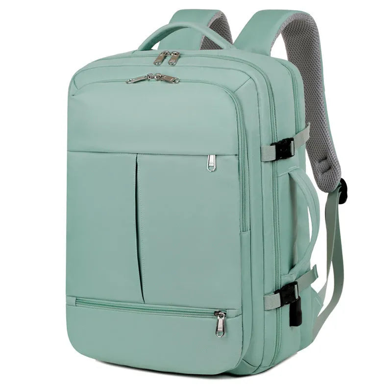 Waterproof Oxford cloth backpack in colour options showing multiple pockets and zippers, sized for a 15.6 inch laptop.