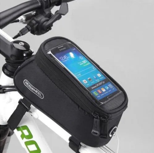 ROSWHEEL PVC bicycle frame phone bag in black mounted on bike frame showing iPhone compatibility