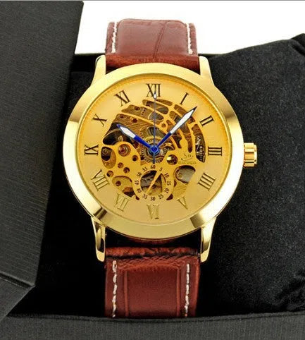 Men's automatic mechanical watch with hollowed-out round dial, 42mm alloy case, genuine leather strap, and transparent case back