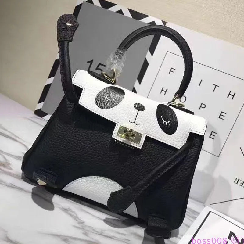 Panda print cow leather handbag in horizontal square shape