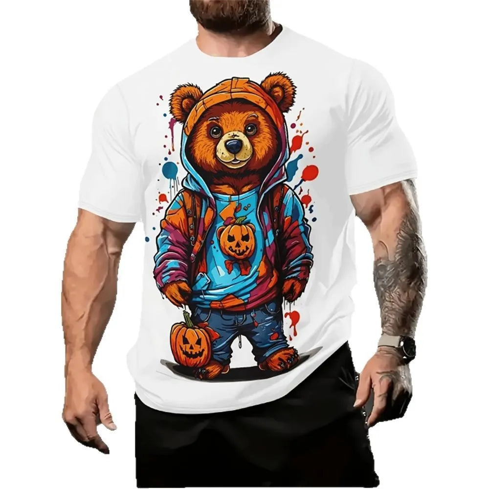 Men's loose fit cartoon printed short sleeve T-shirt in milk silk linen fabric for summer
