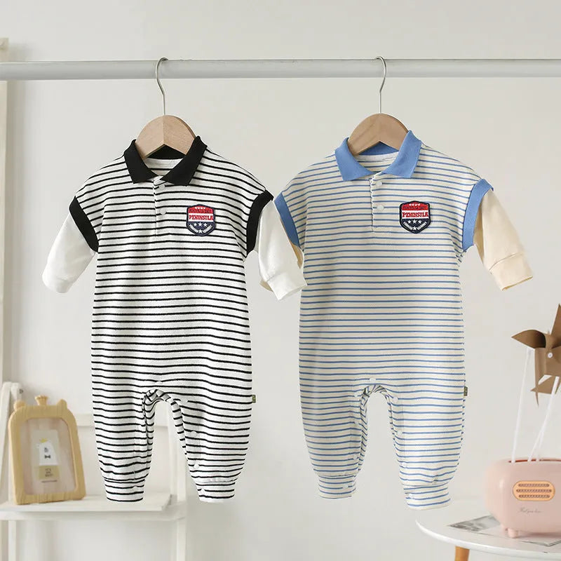 Striped cotton baby onesie in black with pullover design for newborn autumn wear