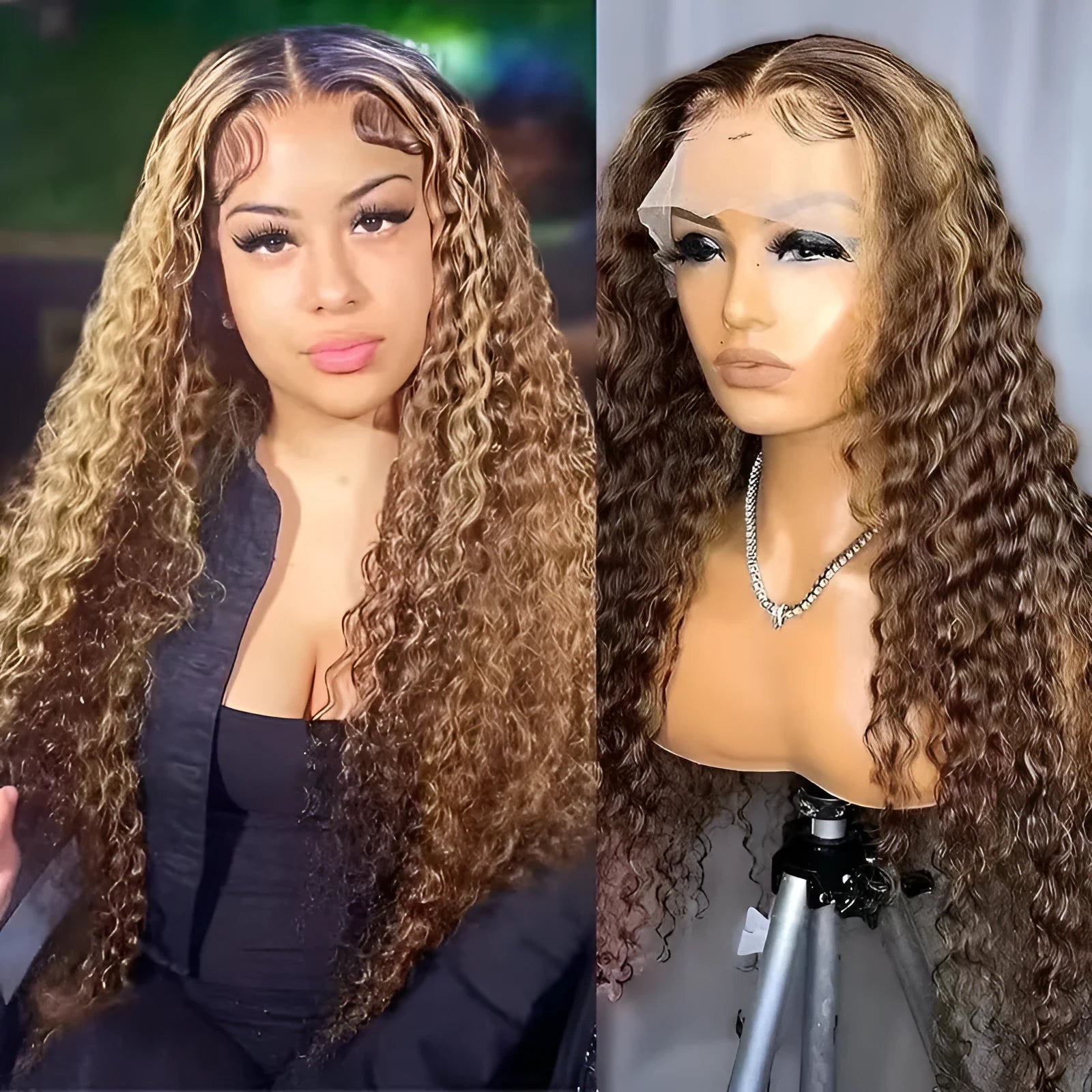 Fluffy big wave half headgear wig in long curly style with side bangs, black colour option