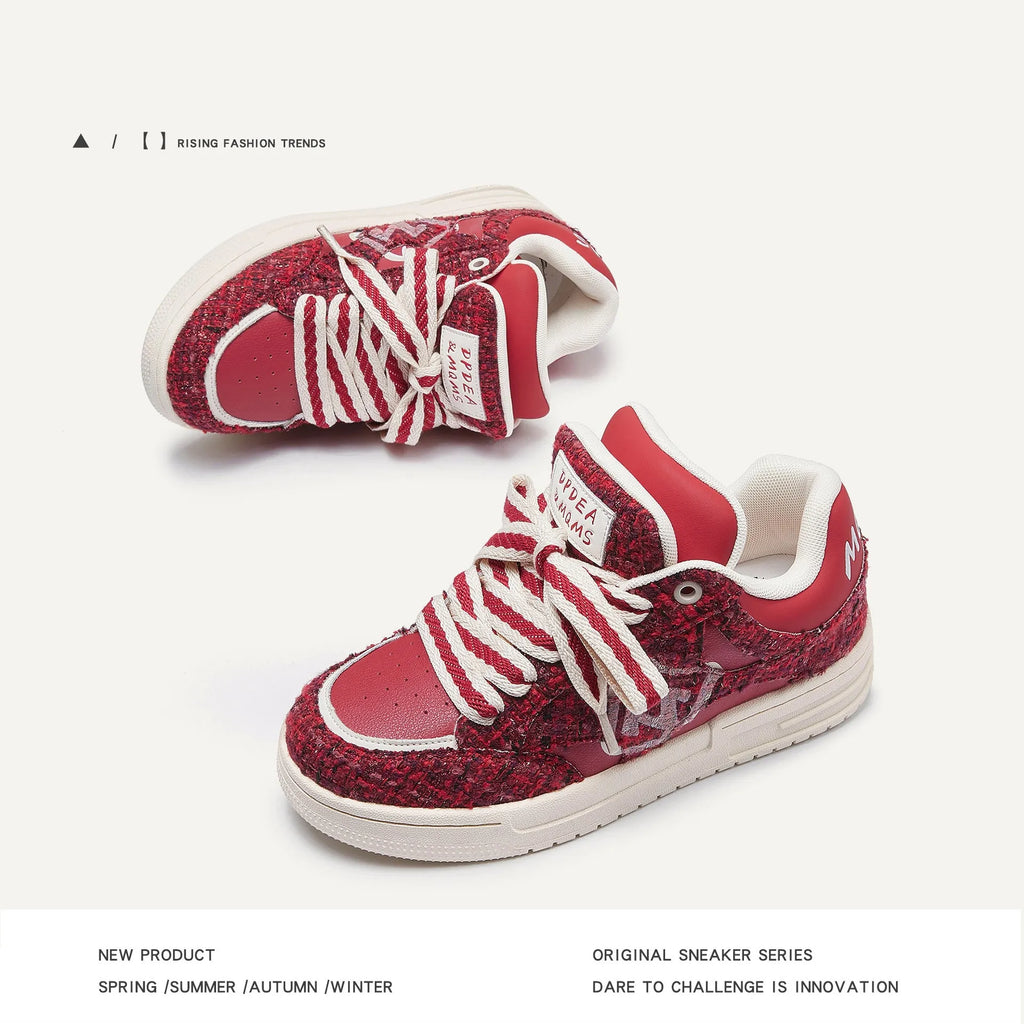 Women's creative all-match printed flat sneakers in M018 classic red with two-layer cowhide upper and platform heel