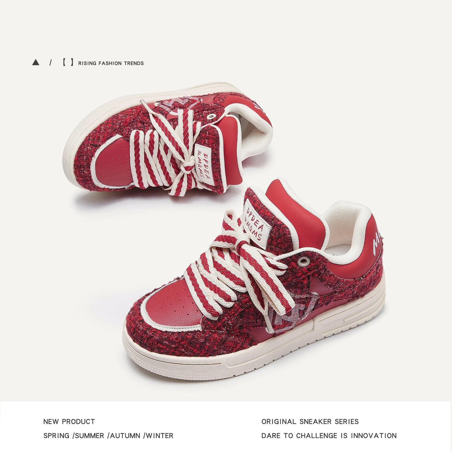 Women's creative all-match printed flat sneakers in M018 classic red with two-layer cowhide upper and platform heel