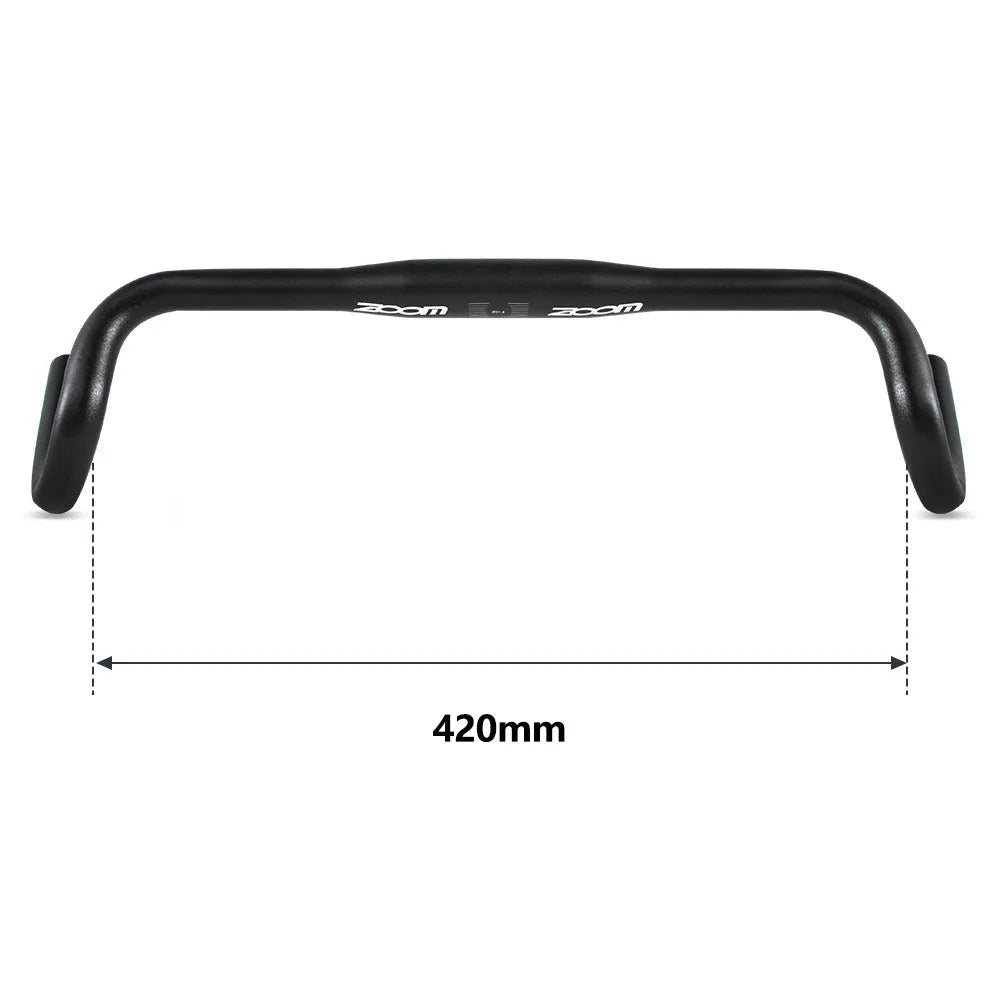 Black aluminium alloy road bike bent handlebar, 420mm wide with 31.8mm clamp.
